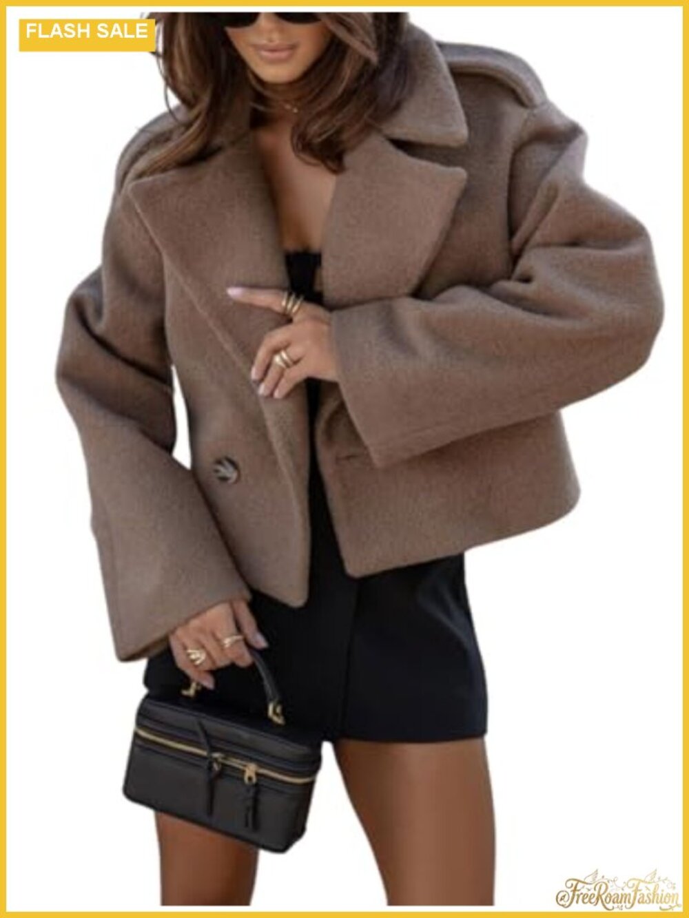 Wool Blend Crop Pea Coat Double Breasted Notch Collar Office Work Winter Jacket
